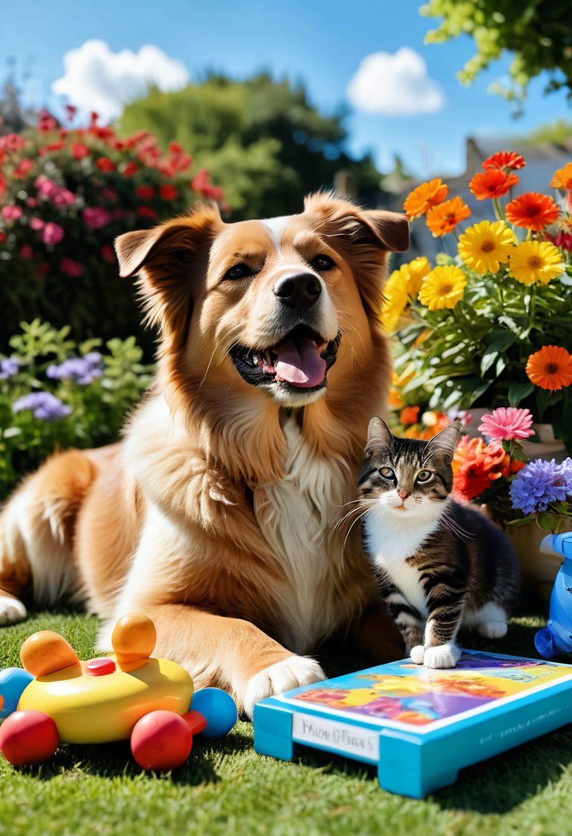A heartwarming scene of a happy dog and cat lounging together in a sunlit garden, surrounded by colorful flowers and joyful pet toys. The atmosphere radiates positivity, with the duo playfully interacting while a pet wellness book lays open beside them, suggesting tips on their care. Bright blue sky and fluffy clouds enhance the serene environment. vibrant colors. 3D. cheerful style.