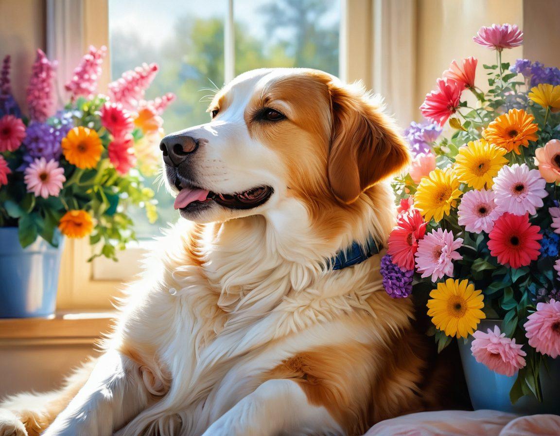 A warm and inviting scene of a person gently hugging a happy dog, surrounded by soft hearts and vibrant flowers, showcasing the bond of affection. Include a cozy home background with sunlight streaming in, emphasizing emotional well-being. Soft pastel colors dominate the image for a calming effect. painting. vibrant colors.