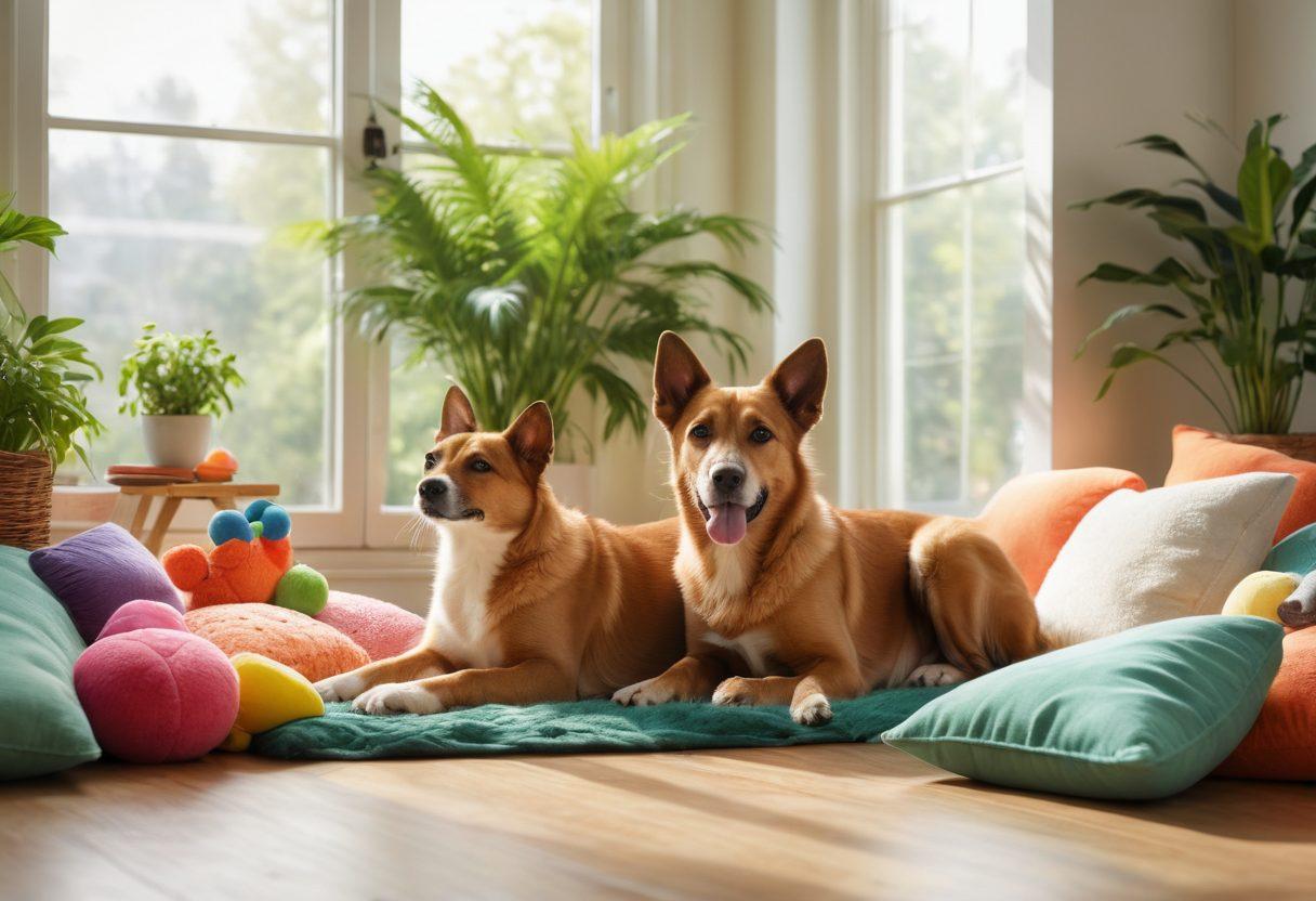 A serene living room scene with a happy dog and a playful cat surrounded by soft pillows and colorful toys, showcasing emotional well-being through their joyful interaction. Bright sunlight filters through a window, highlighting a few healthy pet treats and a soothing atmosphere. Lush green plants in the background symbolize vitality and wellness. super-realistic. vibrant colors. warm lighting.